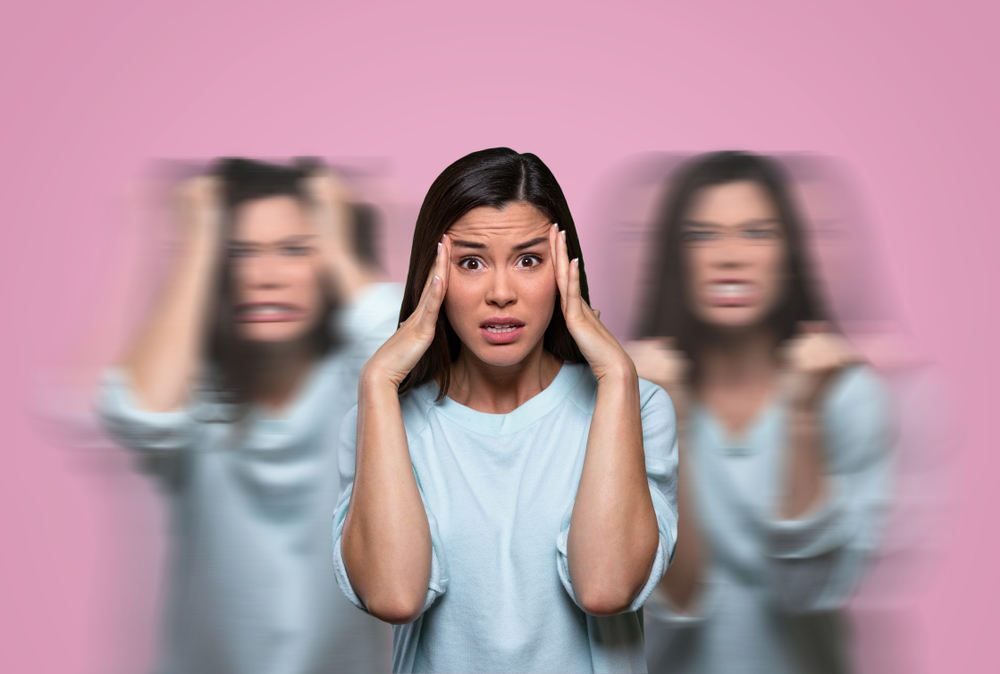 woman with mood swings experiencing 3 different emotions side by side