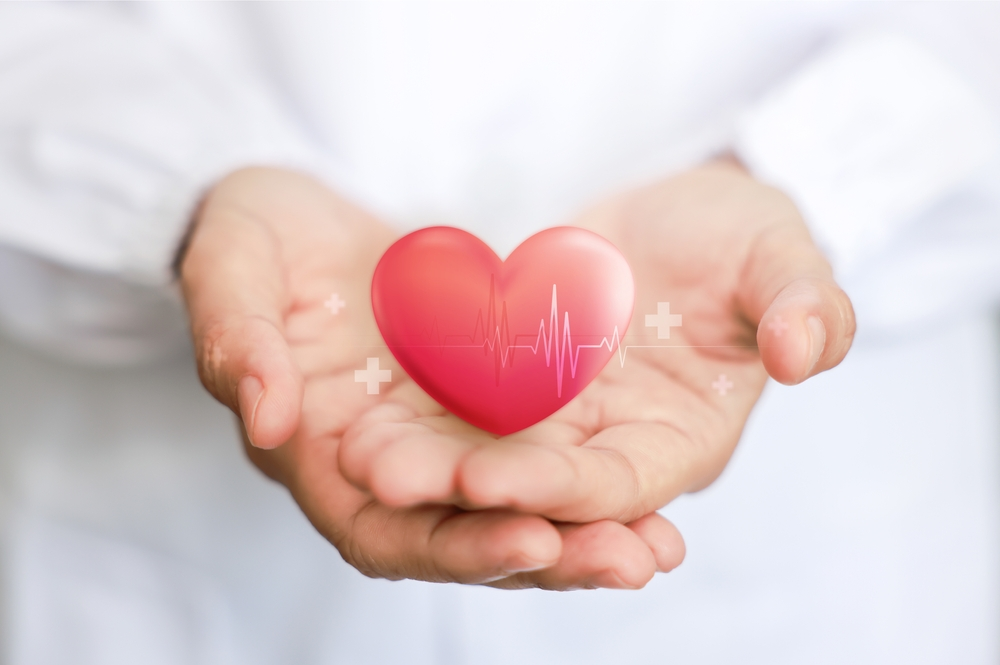 hands holding red heart shape with heart rhythm line